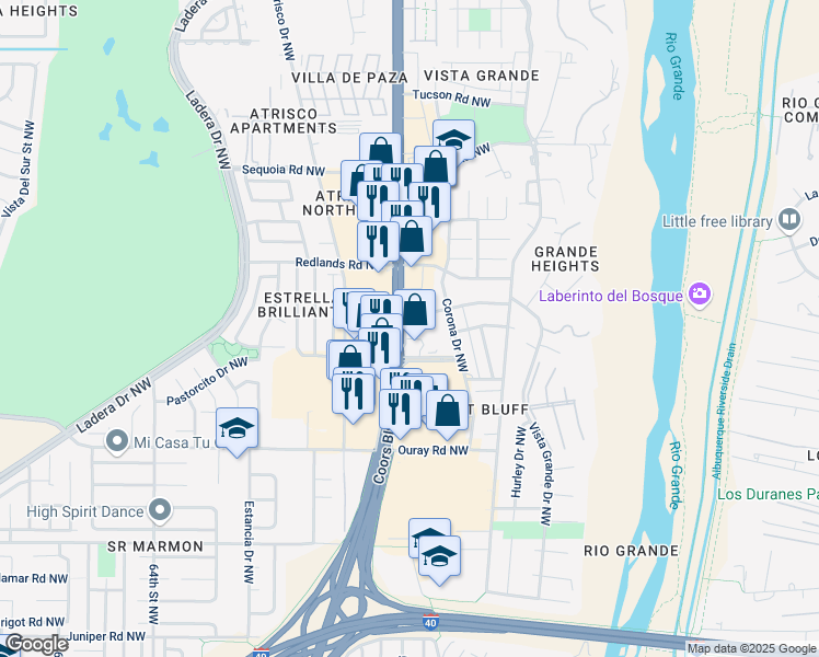 map of restaurants, bars, coffee shops, grocery stores, and more near 2922 Coors Boulevard Northwest in Albuquerque