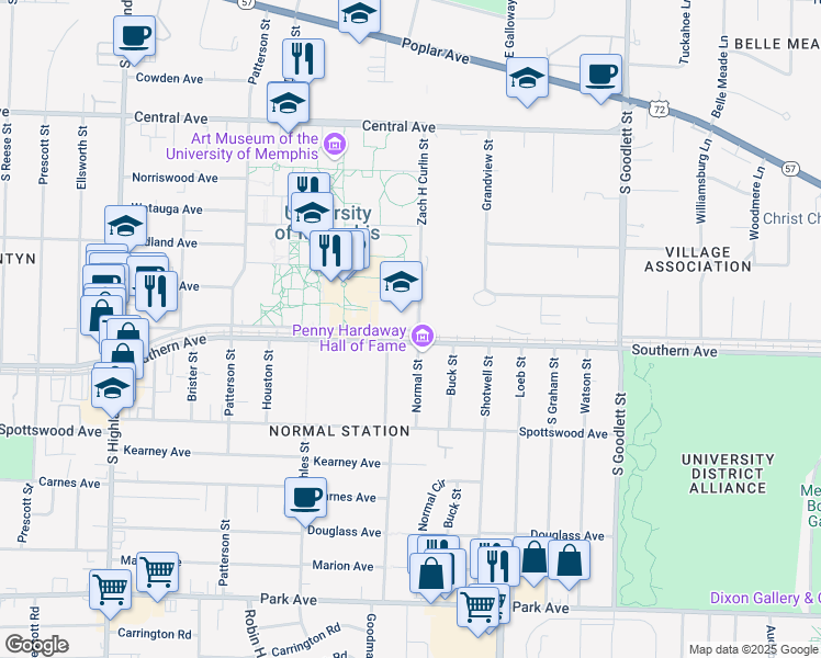 map of restaurants, bars, coffee shops, grocery stores, and more near 599 Zach H Curlin Street in Memphis