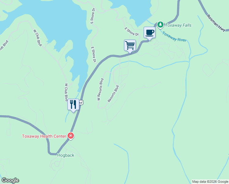 map of restaurants, bars, coffee shops, grocery stores, and more near 600 Resorts Boulevard in Lake Toxaway