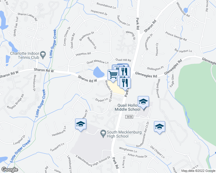 map of restaurants, bars, coffee shops, grocery stores, and more near Brandon Forest Dr & Stradbrook Dr in Charlotte