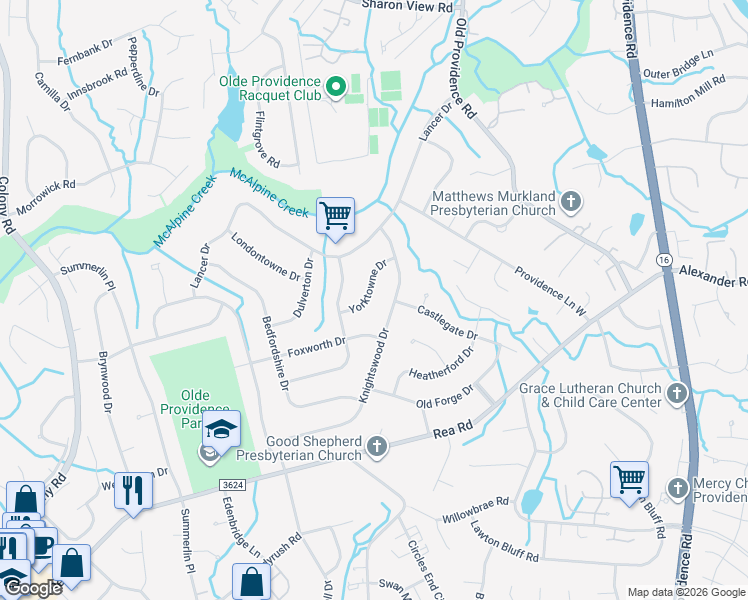 map of restaurants, bars, coffee shops, grocery stores, and more near 7009 Yorktowne Drive in Charlotte