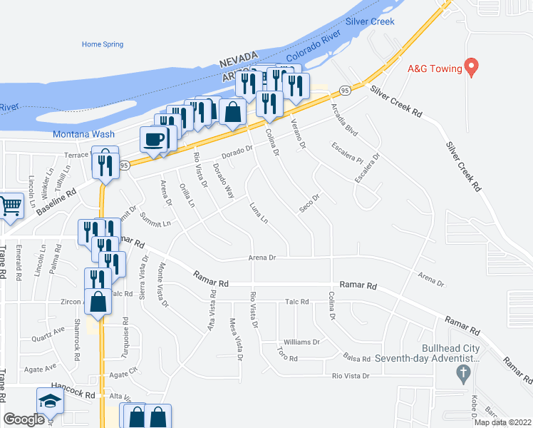 map of restaurants, bars, coffee shops, grocery stores, and more near 1450 Luna Ln in Bullhead City