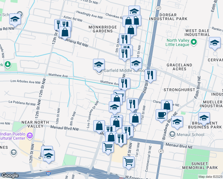 map of restaurants, bars, coffee shops, grocery stores, and more near 509 Los Arboles Ave NW in Albuquerque
