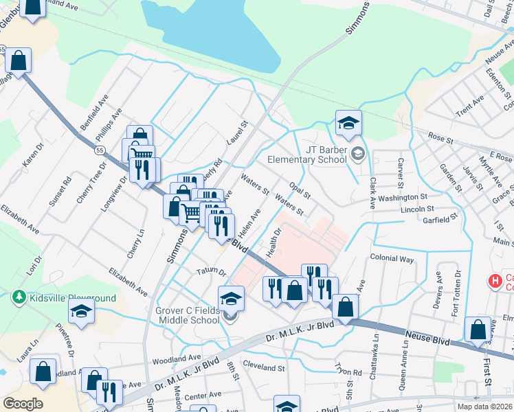 map of restaurants, bars, coffee shops, grocery stores, and more near 1315 Helen Avenue in New Bern