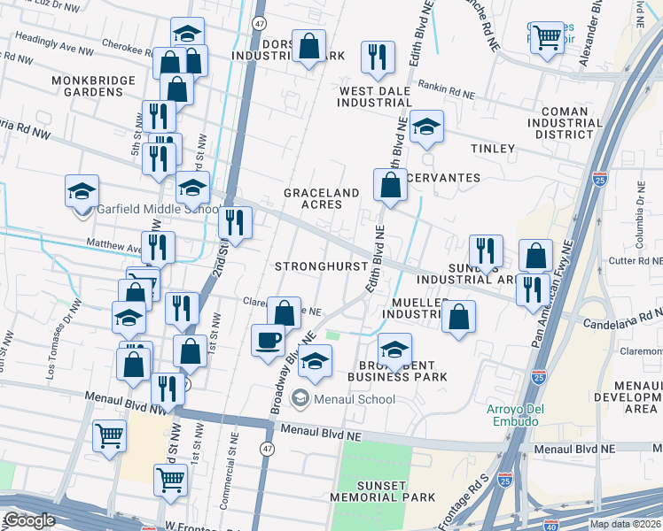 map of restaurants, bars, coffee shops, grocery stores, and more near 3008 Arno Street Northeast in Albuquerque