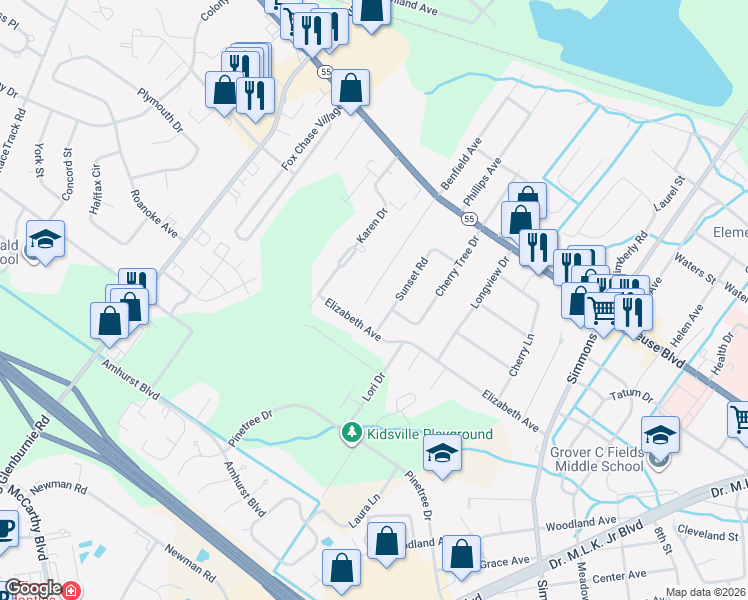map of restaurants, bars, coffee shops, grocery stores, and more near 1102 Fulcher Ln in New Bern