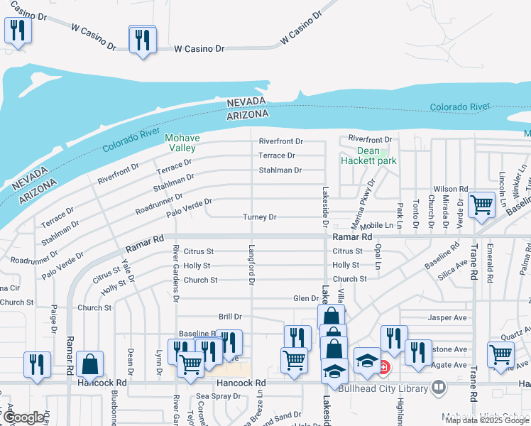 map of restaurants, bars, coffee shops, grocery stores, and more near 895 Turney Drive in Bullhead City