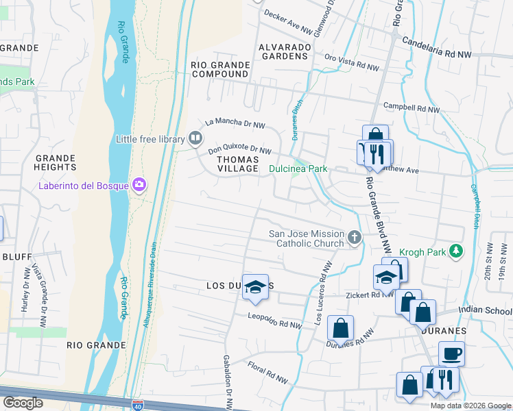 map of restaurants, bars, coffee shops, grocery stores, and more near 3111 Los Anayas Road Northwest in Albuquerque