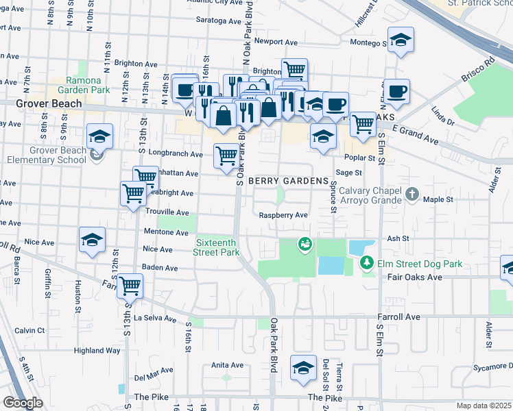 map of restaurants, bars, coffee shops, grocery stores, and more near 545 South Oak Park Boulevard in Arroyo Grande