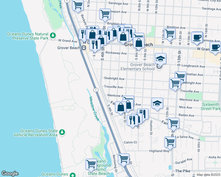 map of restaurants, bars, coffee shops, grocery stores, and more near 625 South 5th Street in Grover Beach