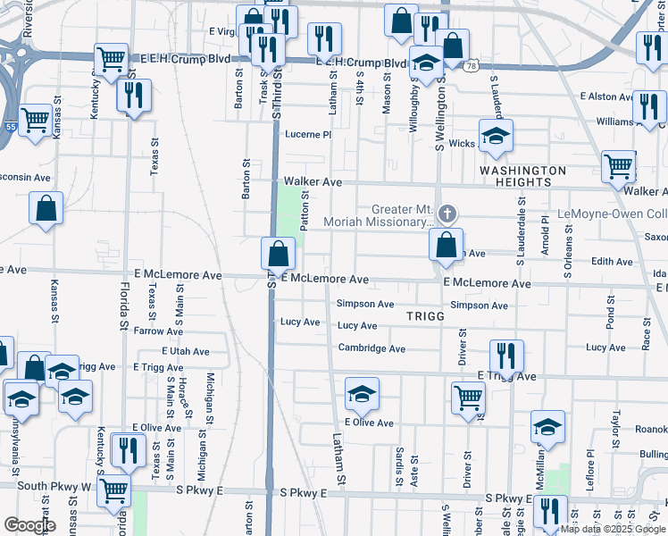 map of restaurants, bars, coffee shops, grocery stores, and more near 1134 Latham Street in Memphis