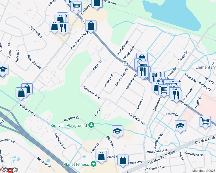 map of restaurants, bars, coffee shops, grocery stores, and more near 1102 Sunset Road in New Bern