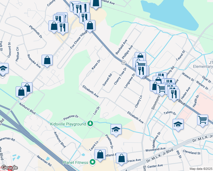 map of restaurants, bars, coffee shops, grocery stores, and more near 1102 Sunset Rd in New Bern
