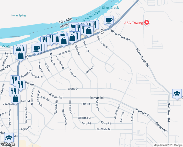 map of restaurants, bars, coffee shops, grocery stores, and more near 1475 Colina Drive in Bullhead City
