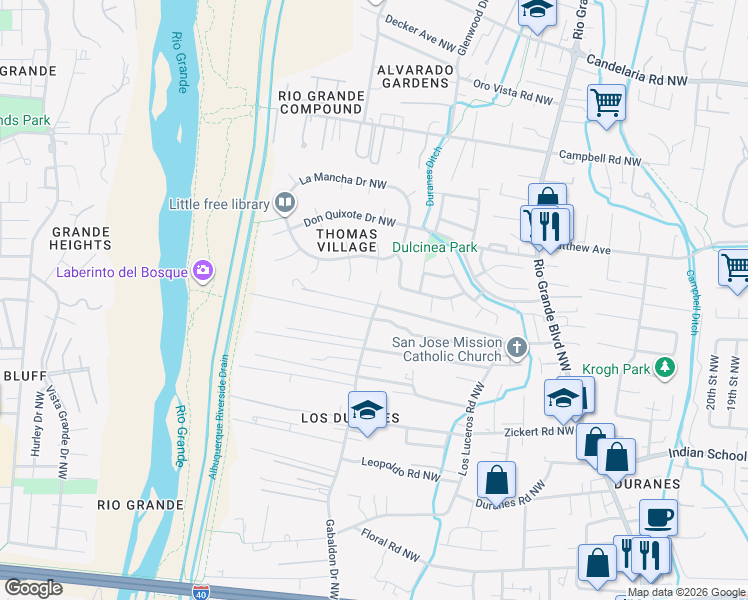 map of restaurants, bars, coffee shops, grocery stores, and more near 3111 Los Anayas Road Northwest in Albuquerque
