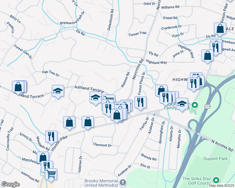 map of restaurants, bars, coffee shops, grocery stores, and more near 1343 Highland Way in Chattanooga