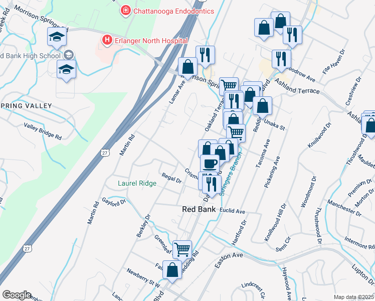 map of restaurants, bars, coffee shops, grocery stores, and more near 3701 Oakland Terrace in Chattanooga