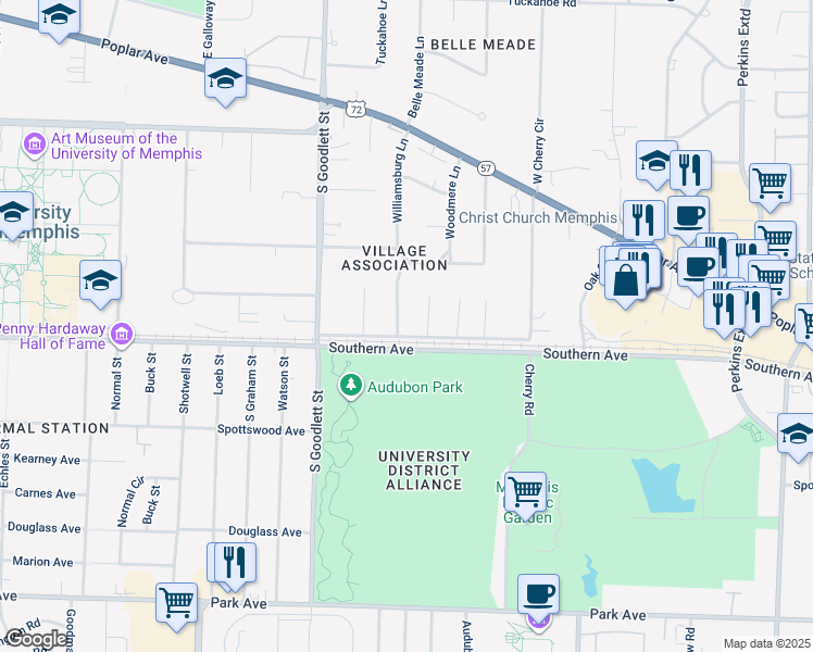 map of restaurants, bars, coffee shops, grocery stores, and more near 545 Thorn Ridge Cove in Memphis