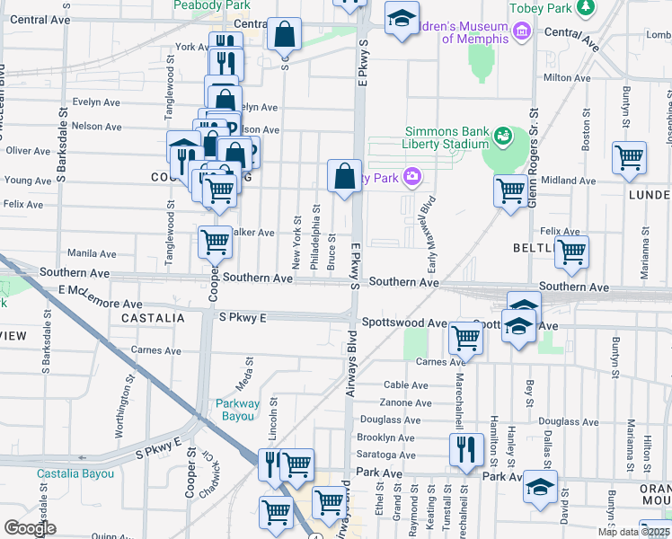 map of restaurants, bars, coffee shops, grocery stores, and more near 1063 East Parkway South in Memphis