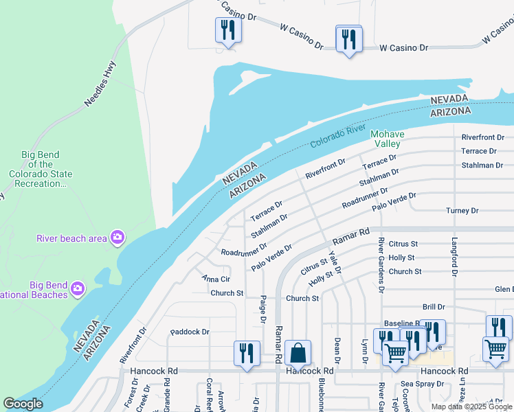 map of restaurants, bars, coffee shops, grocery stores, and more near 514 Riverfront Drive in Bullhead City