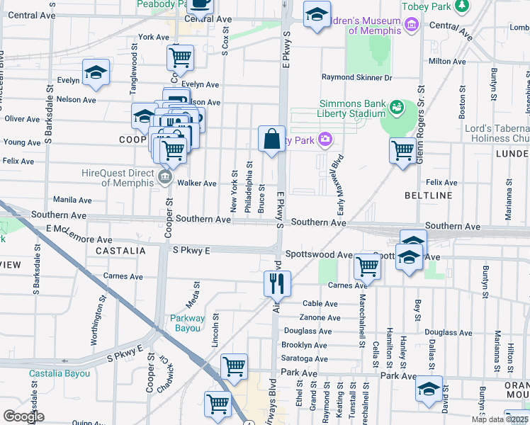 map of restaurants, bars, coffee shops, grocery stores, and more near 1063 East Parkway South in Memphis