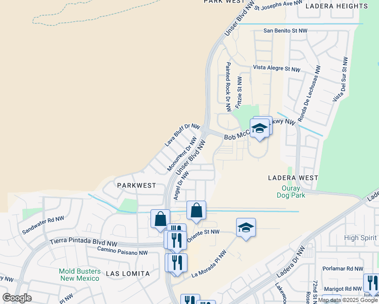 map of restaurants, bars, coffee shops, grocery stores, and more near 2816 Monument Drive Northwest in Albuquerque