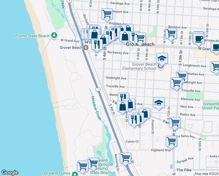 map of restaurants, bars, coffee shops, grocery stores, and more near 625 South 5th Street in Grover Beach