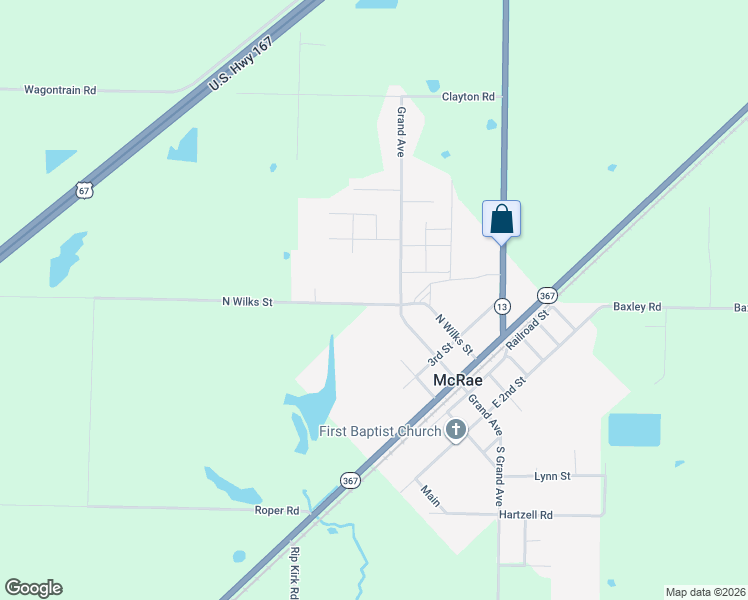 map of restaurants, bars, coffee shops, grocery stores, and more near 410 North Wilks Street in McRae