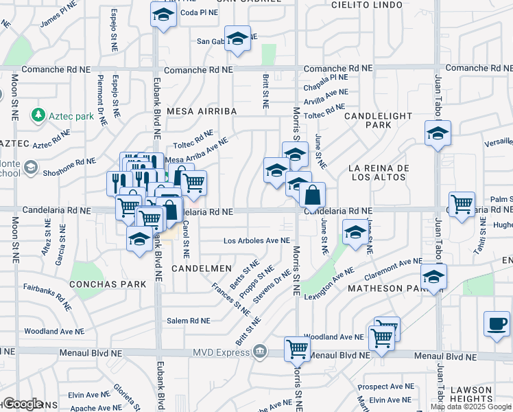 map of restaurants, bars, coffee shops, grocery stores, and more near 3101 Betts Drive Northeast in Albuquerque