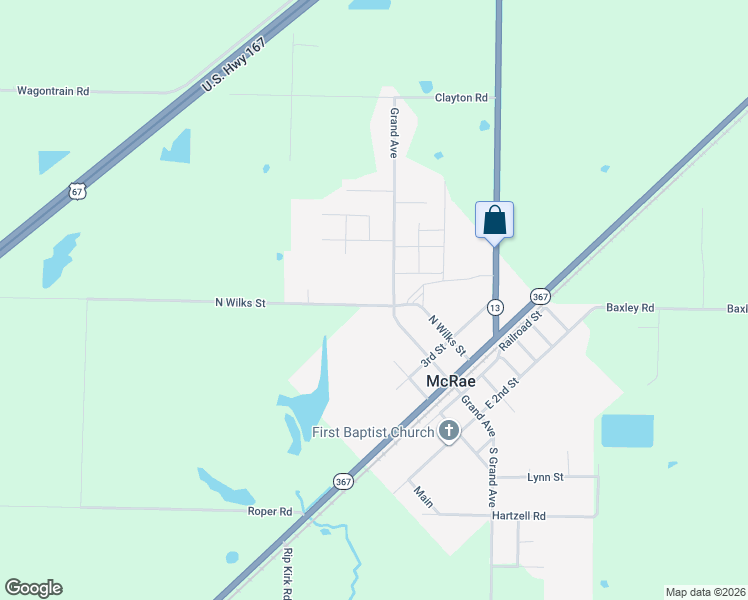 map of restaurants, bars, coffee shops, grocery stores, and more near 410 North Wilks Street in McRae