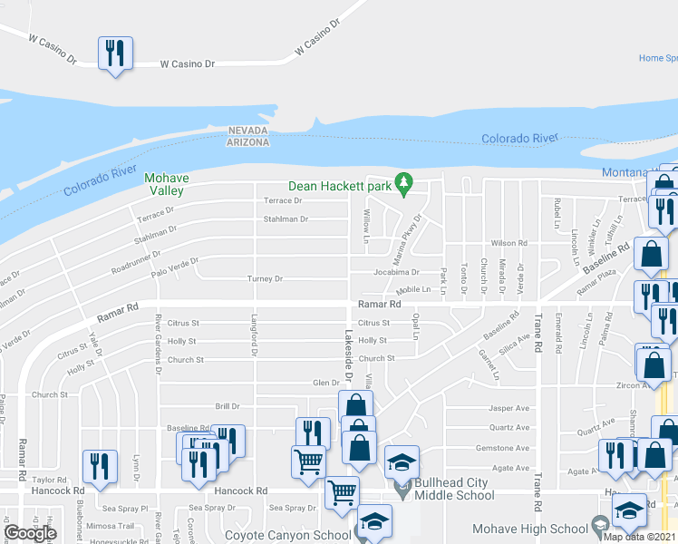 map of restaurants, bars, coffee shops, grocery stores, and more near 991 Turney Dr in Bullhead City
