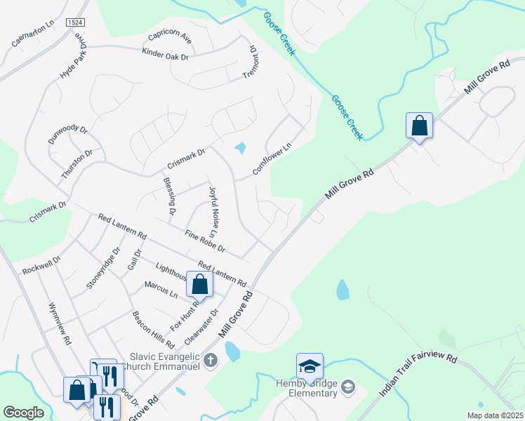 map of restaurants, bars, coffee shops, grocery stores, and more near 3010 Saphire Lane in Indian Trail