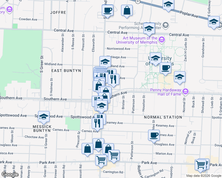 map of restaurants, bars, coffee shops, grocery stores, and more near 3538 Walker Avenue in Memphis