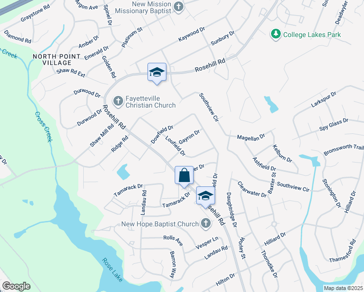 map of restaurants, bars, coffee shops, grocery stores, and more near 4034 Loufield Drive in Fayetteville