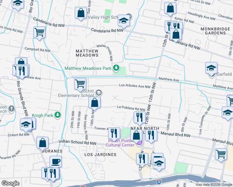 map of restaurants, bars, coffee shops, grocery stores, and more near 1531 Phoenix Avenue Northwest in Albuquerque