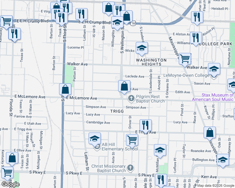 map of restaurants, bars, coffee shops, grocery stores, and more near 1115 South Wellington Street in Memphis