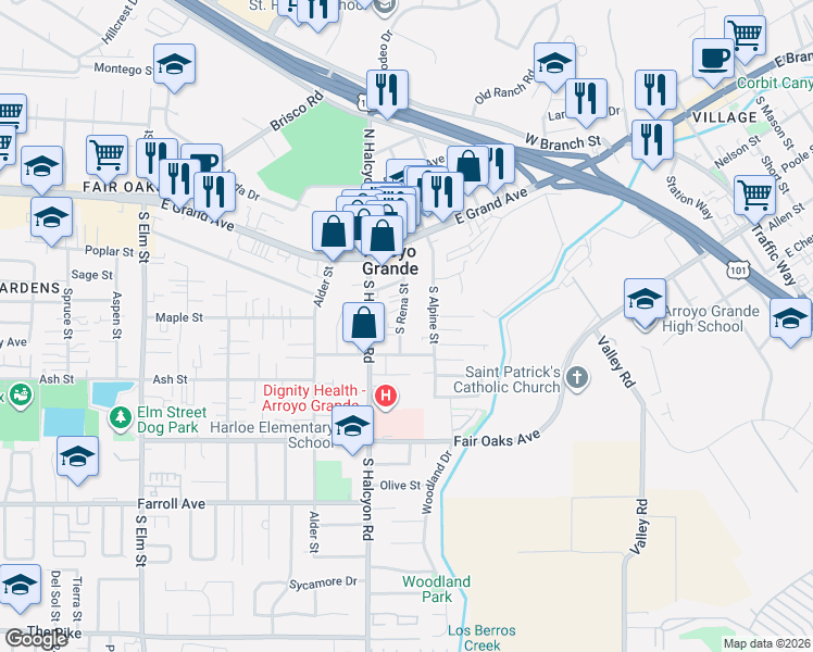 map of restaurants, bars, coffee shops, grocery stores, and more near 209 South Rena Street in Arroyo Grande