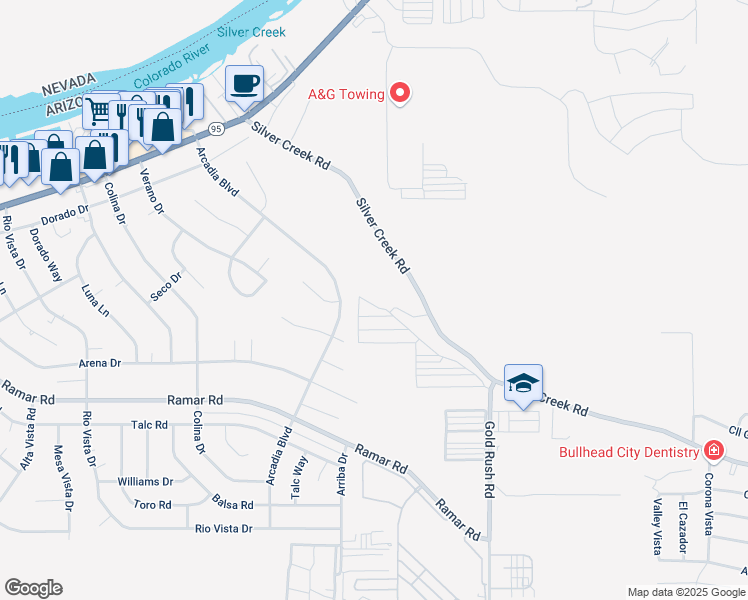 map of restaurants, bars, coffee shops, grocery stores, and more near 1378-1466 Silver Creek Road in Bullhead City