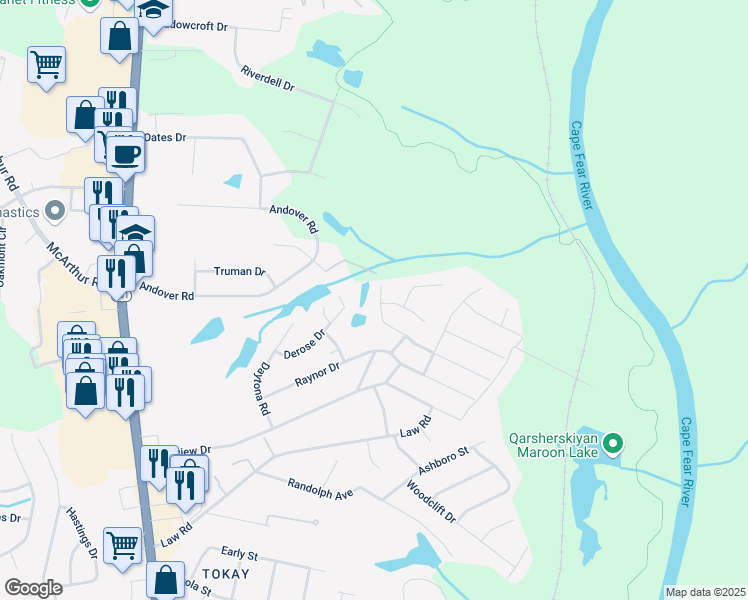 map of restaurants, bars, coffee shops, grocery stores, and more near 3925 Sarasota Drive in Fayetteville