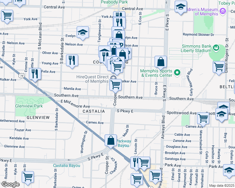 map of restaurants, bars, coffee shops, grocery stores, and more near 1068 Cooper Street in Memphis