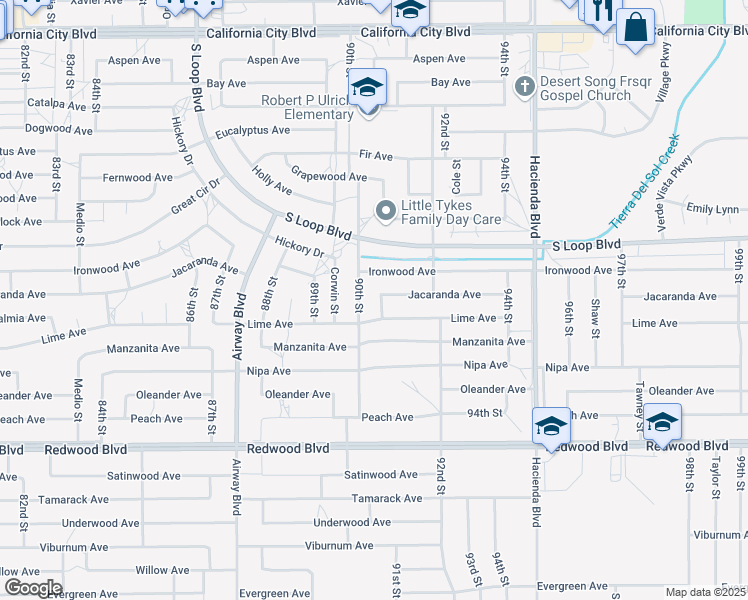 map of restaurants, bars, coffee shops, grocery stores, and more near 91st Street in California City