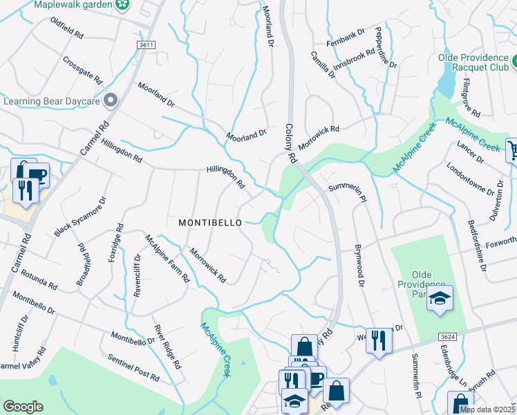 map of restaurants, bars, coffee shops, grocery stores, and more near 5104 Daresby Court in Charlotte