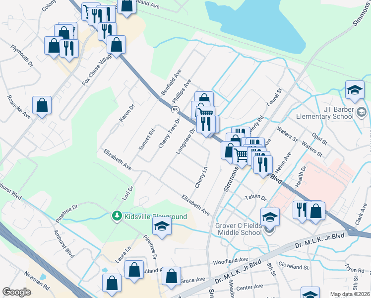 map of restaurants, bars, coffee shops, grocery stores, and more near 1200 Longview Drive in New Bern