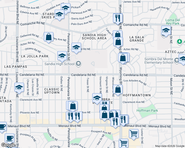 map of restaurants, bars, coffee shops, grocery stores, and more near 2901 Utah Street Northeast in Albuquerque