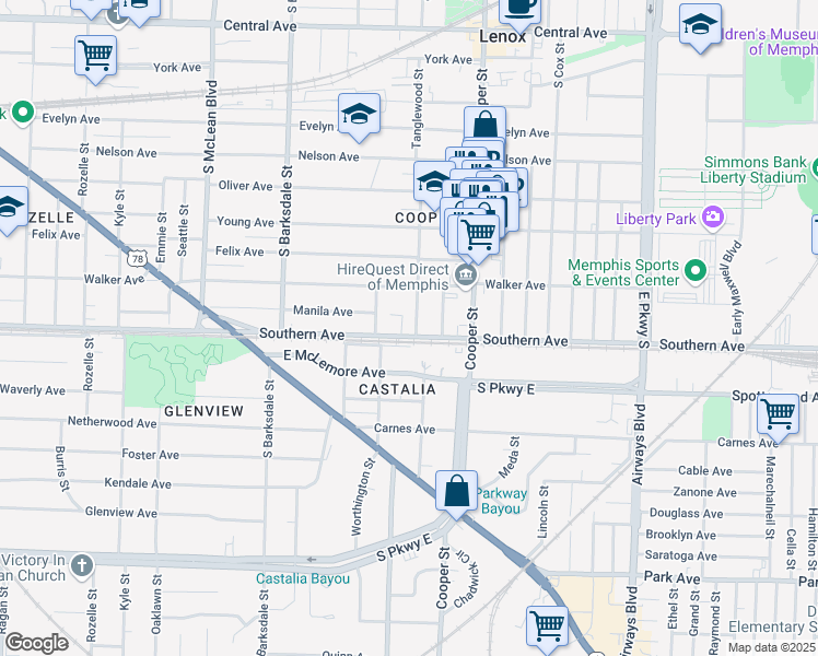 map of restaurants, bars, coffee shops, grocery stores, and more near 2062 Southern Avenue in Memphis