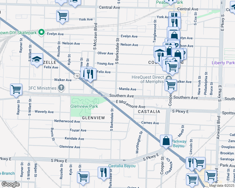 map of restaurants, bars, coffee shops, grocery stores, and more near 1920 Southern Avenue in Memphis