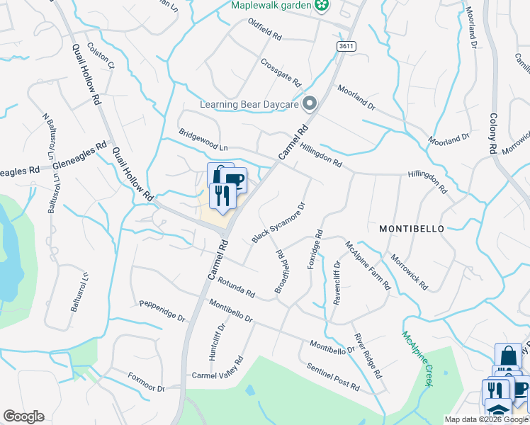 map of restaurants, bars, coffee shops, grocery stores, and more near 3207 Broadfield Road in Charlotte