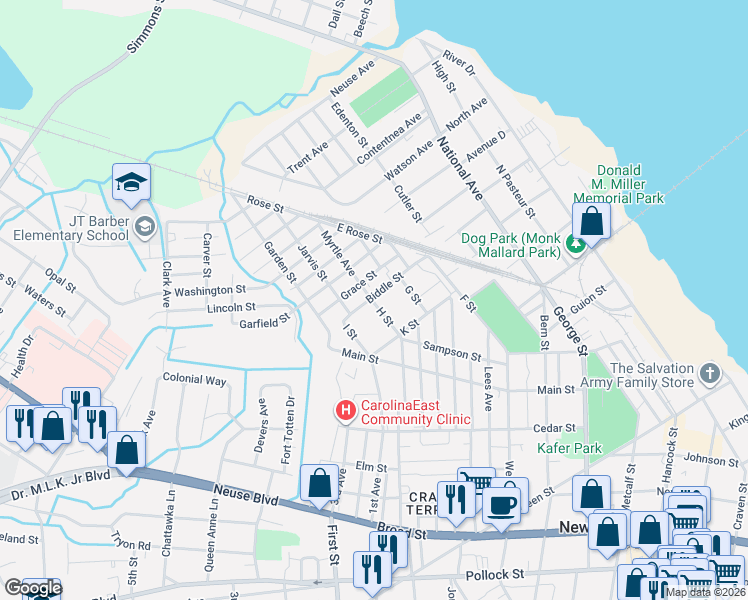 map of restaurants, bars, coffee shops, grocery stores, and more near 1035 Biddle Street in New Bern