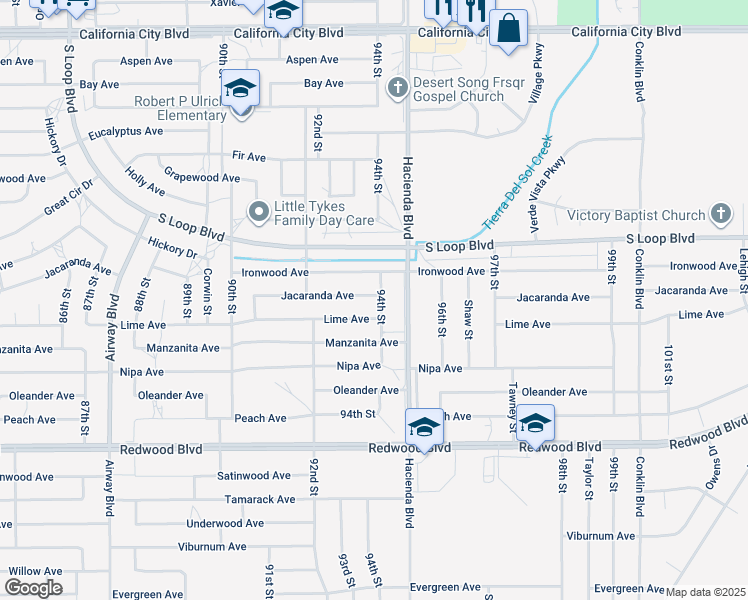 map of restaurants, bars, coffee shops, grocery stores, and more near 20325 94th Street in California City