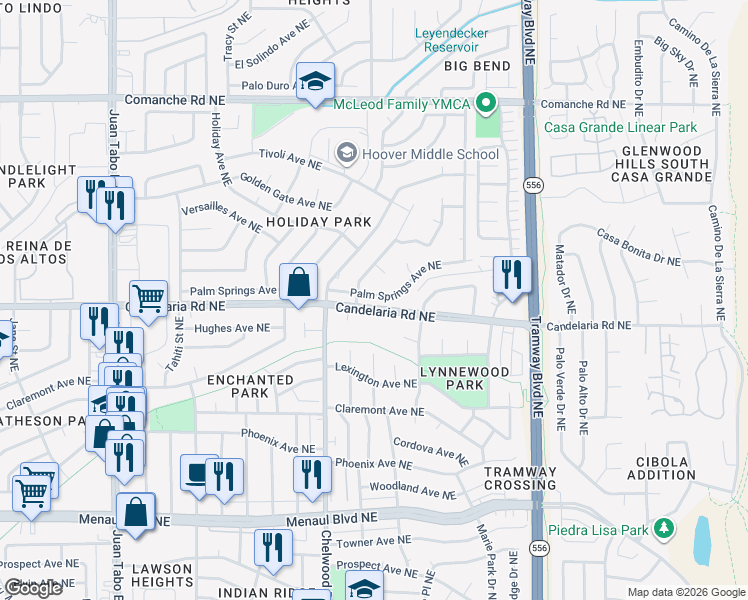 map of restaurants, bars, coffee shops, grocery stores, and more near 12108 Palm Springs Avenue Northeast in Albuquerque